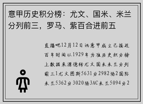 意甲历史积分榜：尤文、国米、米兰分列前三，罗马、紫百合进前五